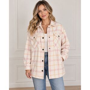 HFX Cream Pink Plaid Wool Blend Shacket Size M Oversized Shirt Jacket